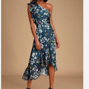 Adelyn Rae Navy Blue Floral Print Ruffled One-Shoulder Dress